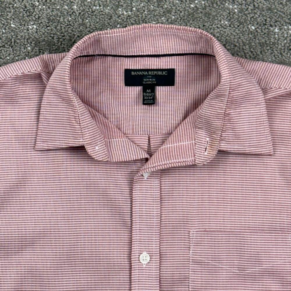 Banana Republic Dress Shirt Mens M Red Micro Check Non Iron Classic Fit Business